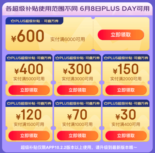 新一轮京东PLUS超级补贴开放领取 共计1670元券包