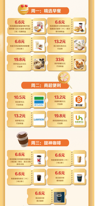 浦发银行 7月美食/出行/消费券 0.66-66元小浦消费券、早餐6.6折
