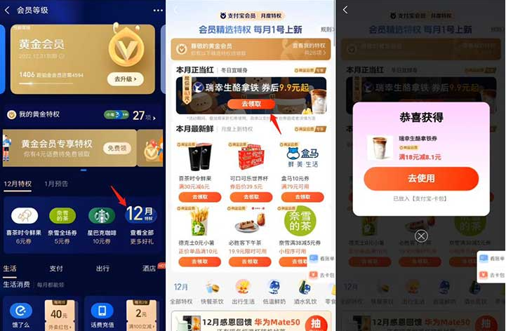 支付宝黄金及以上会员 9.9元喝瑞幸生酪拿铁