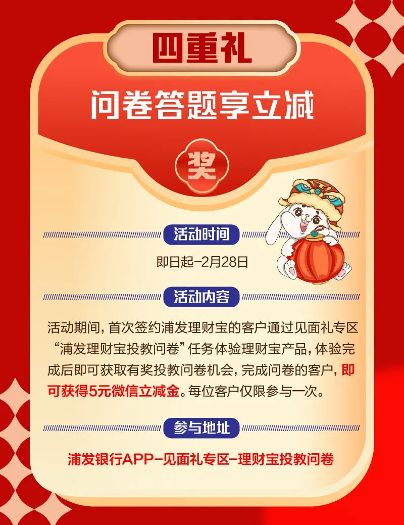 浦发银行 金兔送福迎新春，贺岁红包等你领！六重福礼 齐迎新春