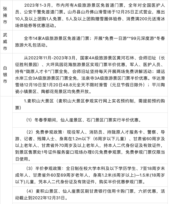 甘肃2023限时免费景点大全