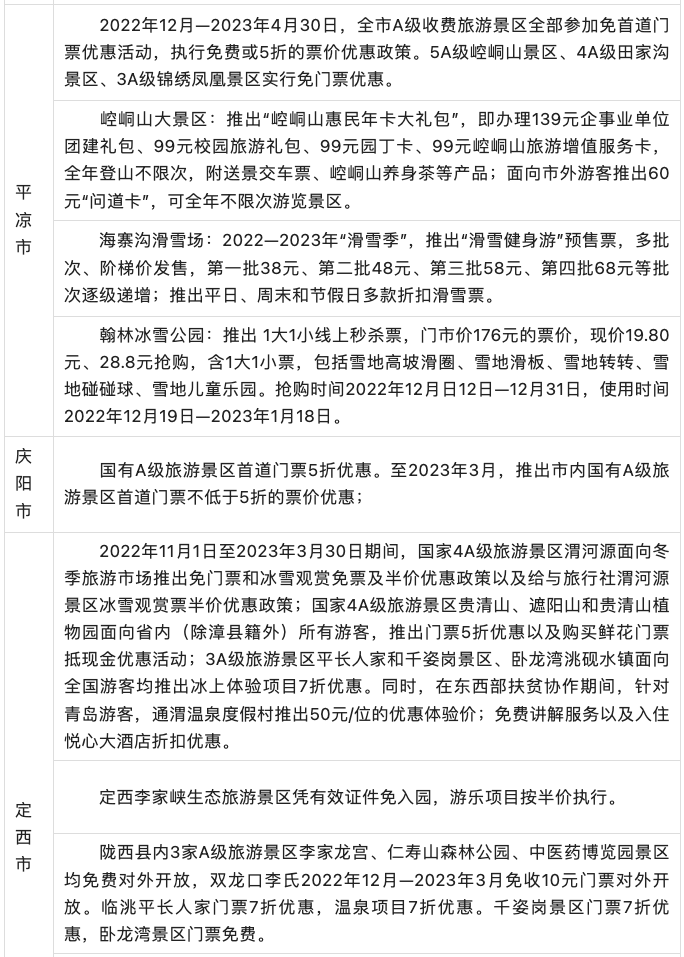 甘肃2023限时免费景点大全