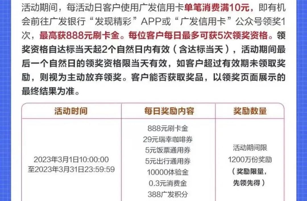 广发银行信用卡超级刷刷刷活动 最高1888刷卡金