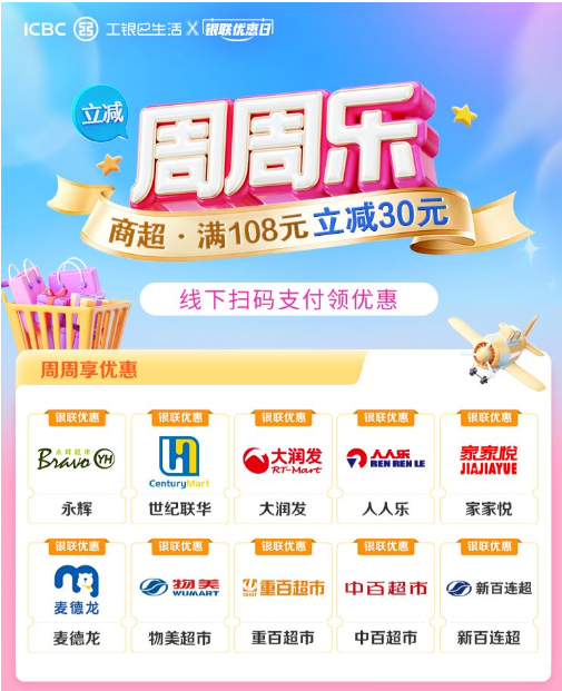 工商银行商超优惠满108-30元
