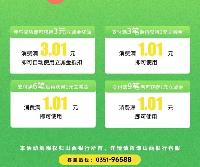 山西银行月月刷消费得6元微信立减金（24年4月活动）