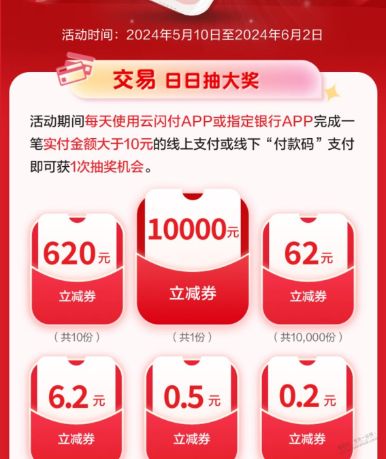 云闪付：消费10元抽最高10000元立减金
