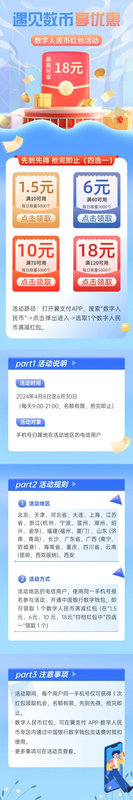 翼支付部分电信用户领1.5-18元数字人民币立减金！