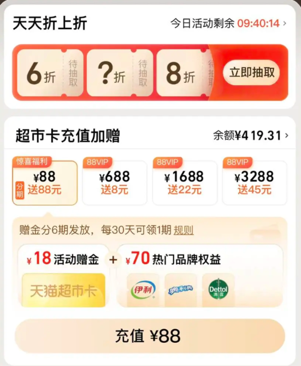 天猫超市 88VIP惊喜福利 充88元送18元猫超卡+70元品牌权益（概率券）