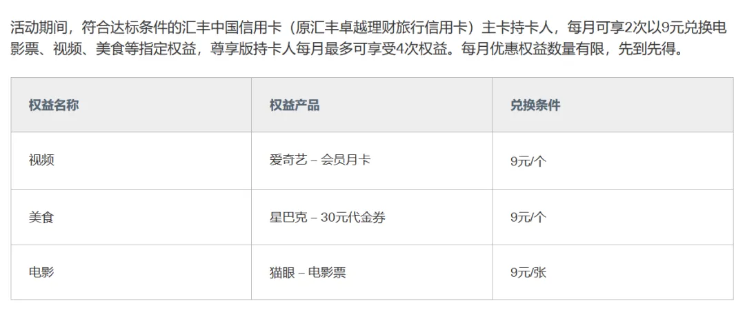 汇丰银行信用卡权益介绍