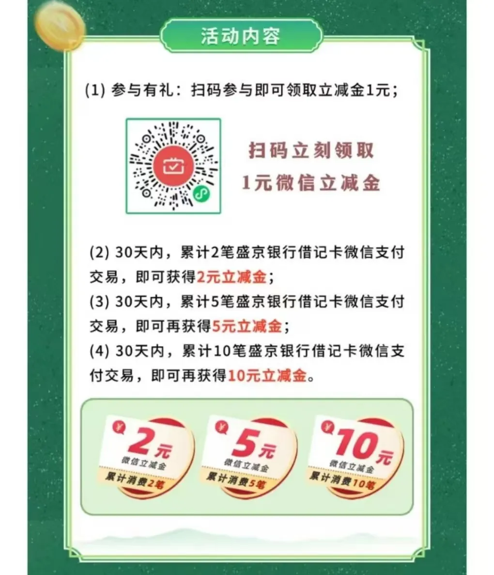 盛京银行月月刷18元微信立减金