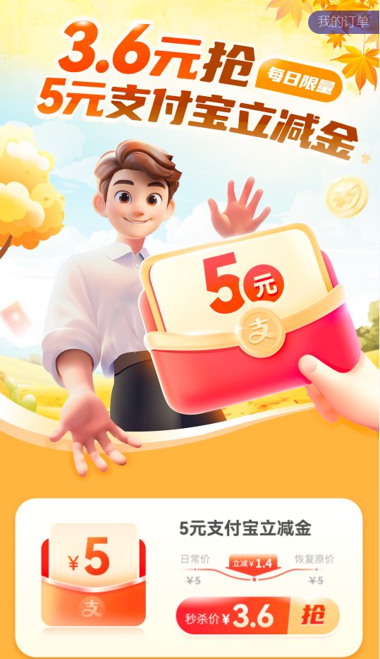 2个支付宝立减金（3.6元买5元）