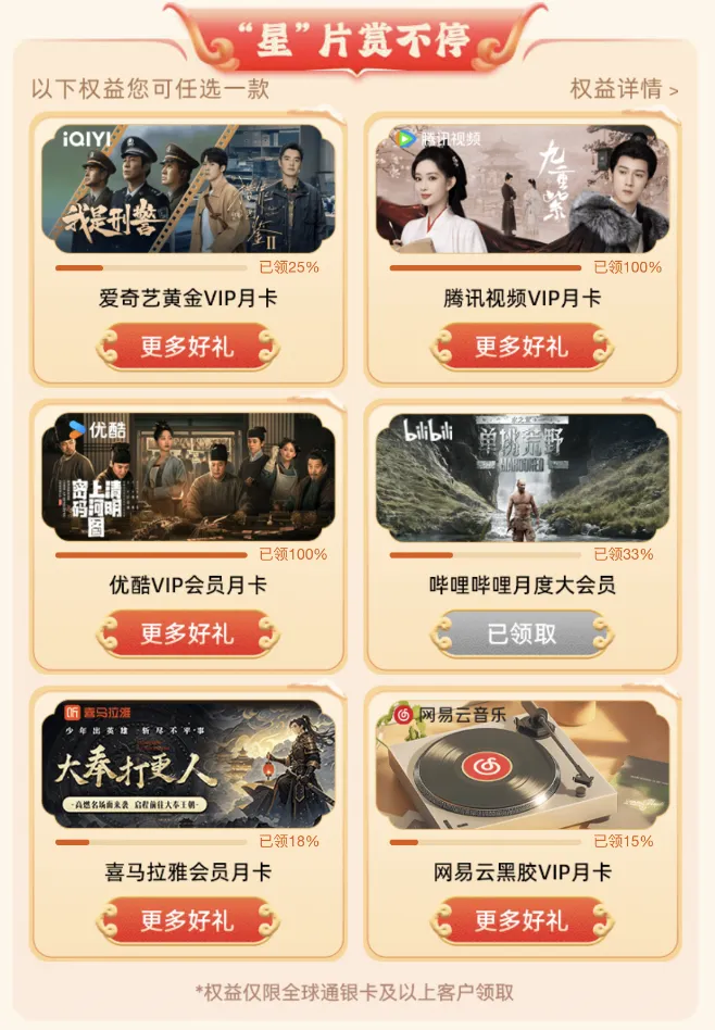 移动全球通用户领视频会员月卡