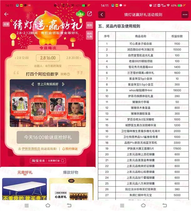淘宝元宵猜灯谜抽各种实物包邮