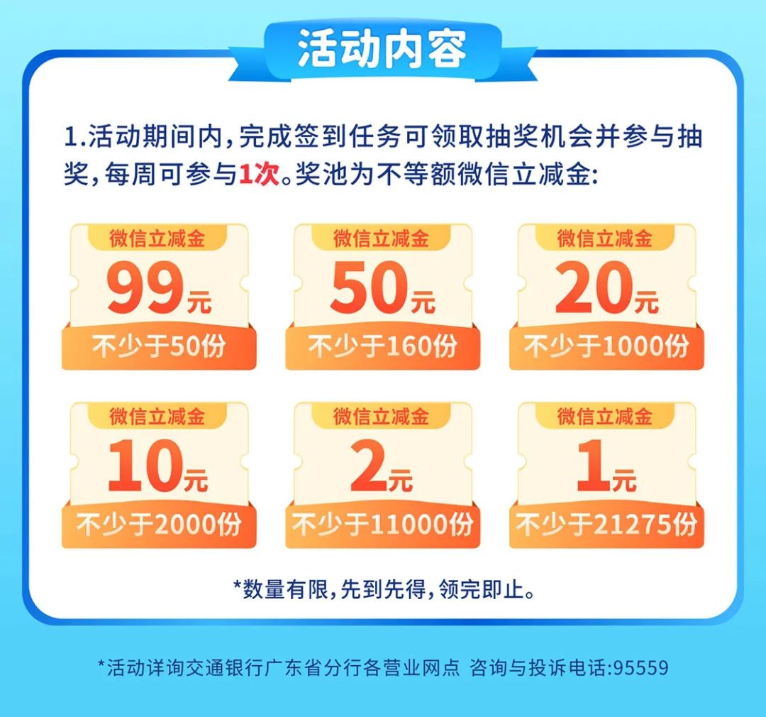 交行幸运99，必中微信立减金（限广东）