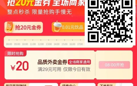 京东外卖 每个整点 抢29-20的大额券。